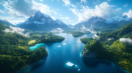 Obraz premium Glacier calving into a turquoise lake surrounded by towering mountains during a bright sunny day