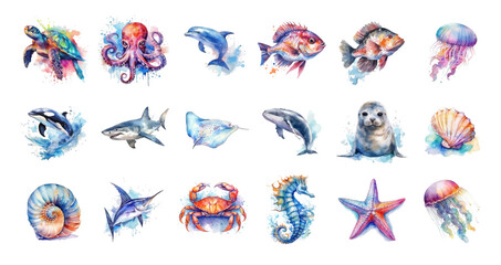 Set of vibrant watercolor-style sea creatures in vector format, perfect for prints, cards, and decor. Colorful Watercolor Sea Animals Collection – Vector Set