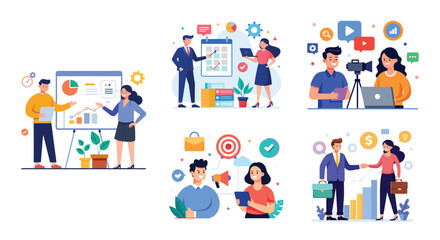 Fototapeta premium Illustration of business marketing ideas. Teamwork and idea sharing concept. Flat style design