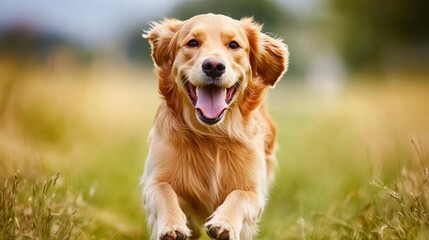 Playful Golden Retriever Dog Running in a Beautiful Meadow