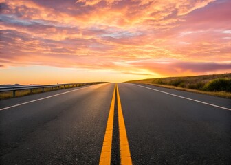 Fototapeta premium Asphalt Road with Yellow Lines Leading to a Sunset Sky