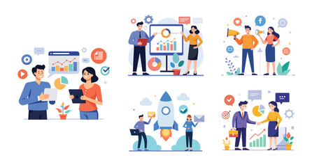 Illustration of business marketing ideas. Teamwork and idea sharing concept. Flat style design