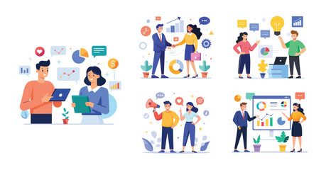 Illustration of business marketing ideas. Teamwork and idea sharing concept. Flat style design