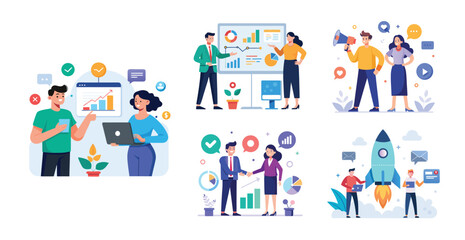 Illustration of business marketing ideas. Teamwork and idea sharing concept. Flat style design