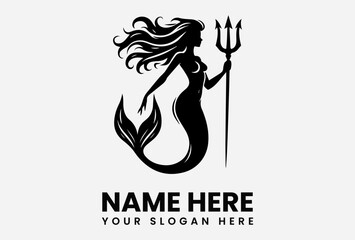 Silhouette of a mermaid holding a trident, with flowing hair and a crescent moon detail.