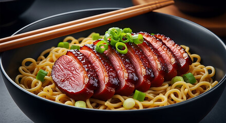 Delicious asian cuisine featuring roasted duck breast noodles and fresh green onions