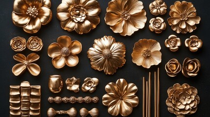 Fototapeta premium Gold flowers, decorative elements, dark background, craft supplies