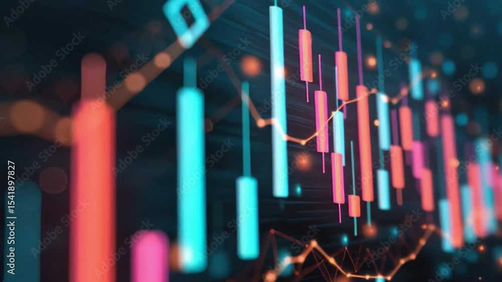Poster vibrant digital illustration of financial chart with glowing candlestick patterns representing stock