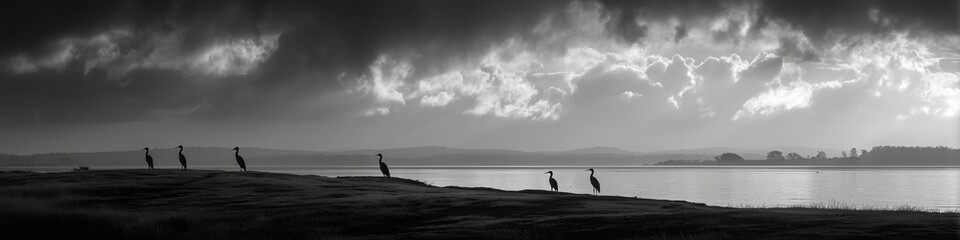 Serene black and white landscape featuring birds by the sea