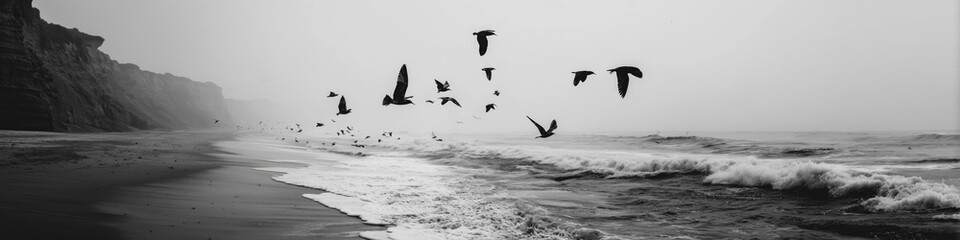 Serene black and white coastal scene featuring birds in flight over waves.