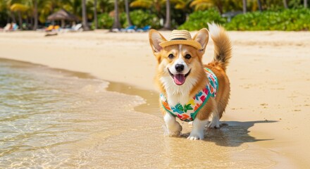 Happy corgi dog wearing hat and Hawaiian shirt on beach