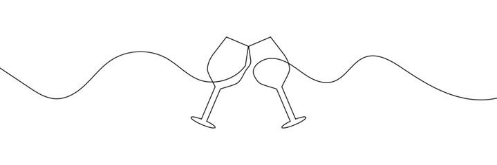 Continuous one line drawing of glass of wine. Champagne toast and cheers in simple linear style. Alcohol and cocktail drink menu in editable stroke. Doodle one line vector illustration . EPS 10 .