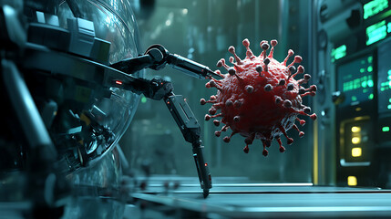 Nanobot dragging captured virus into secure containment chamber 