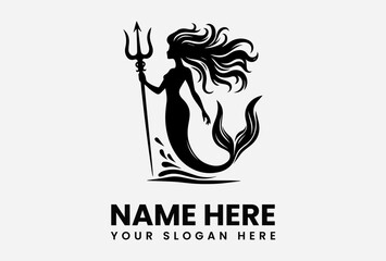 Elegant silhouette of a mermaid holding a trident, poised above stylized waves.