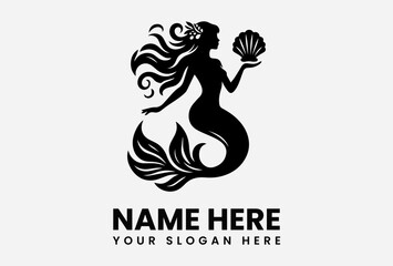 Silhouette of a mermaid holding a seashell, with flowing hair and decorative elements.