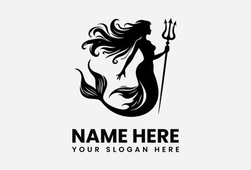 Silhouette of a mermaid holding a trident, with flowing hair, ready to be used.