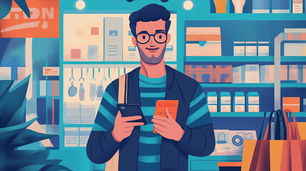 His smartphone becomes his all-in-one tool for managing finances and shopping effortlessly.