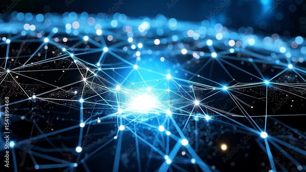 Poster abstract network connection with glowing nodes against a dark blue, technology-themed background sho