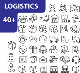 Fototapeta premium Logistics Line Icons Set, Editable Vector Symbols for Delivery, Supply Chain, Shipping, and Transportation
