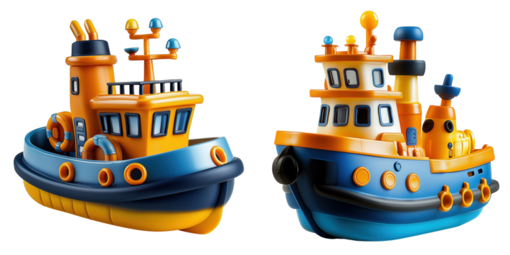 Tugboats in action harbor toy model colorful environment side view