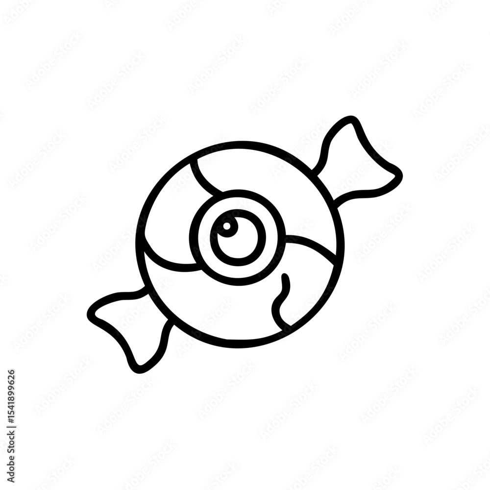 Poster line art illustration of a round candy with an eye in the center wrapped in a simple twist wrapper a