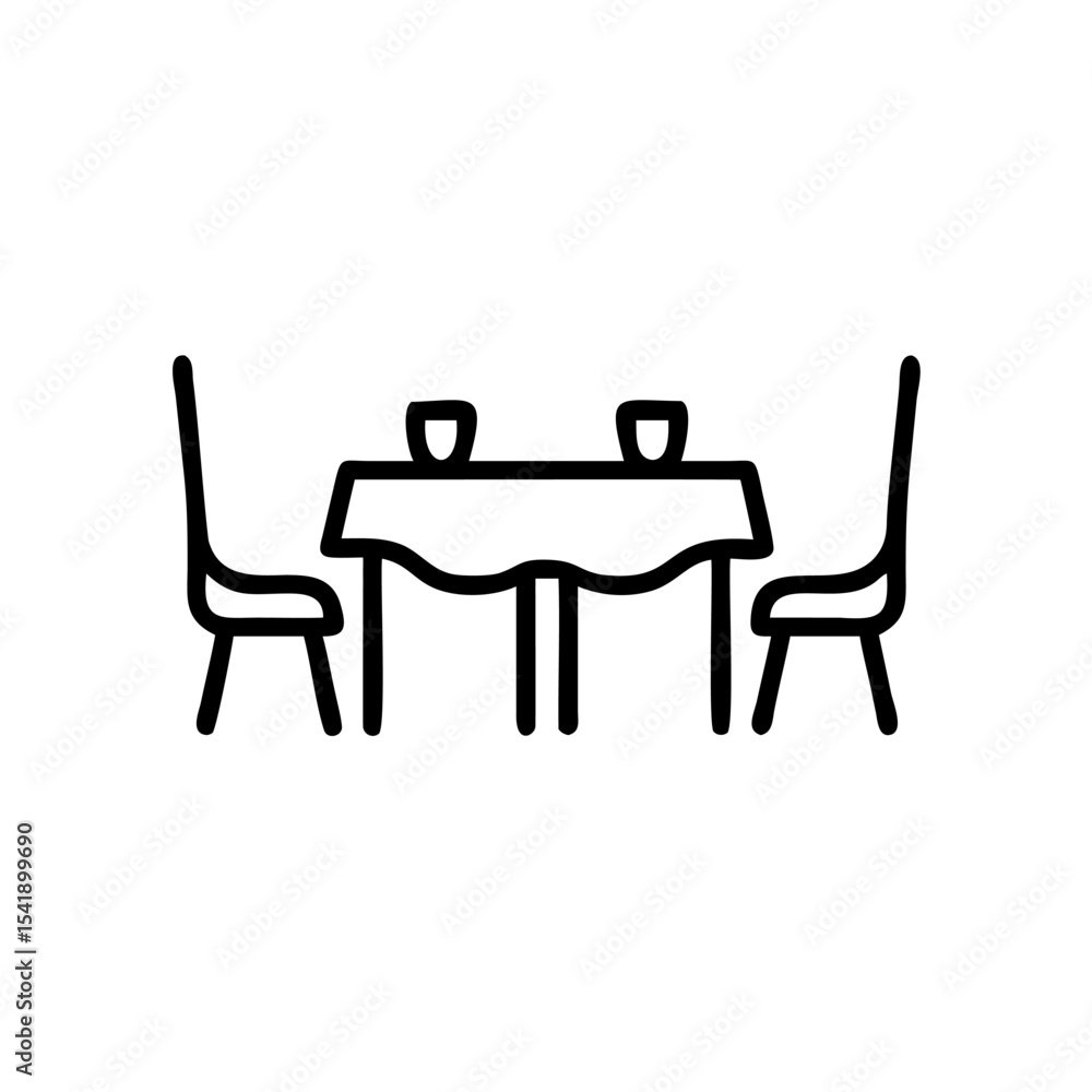 Poster simple line drawing of a table with two chairs and glasses set for a meal autumn handmade design ele