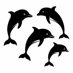 Create a bundle of four different simple black dolphin silhouette vectors in flat style on a white background.