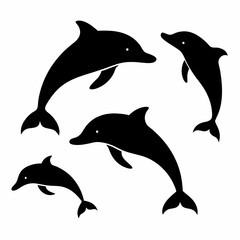 Create a bundle of four different simple black dolphin silhouette vectors in flat style on a white background.