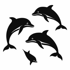 Create a bundle of four different simple black dolphin silhouette vectors in flat style on a white background.