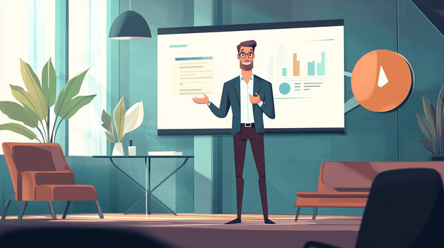The confident businessman delivers a presentation in a modern office setting.