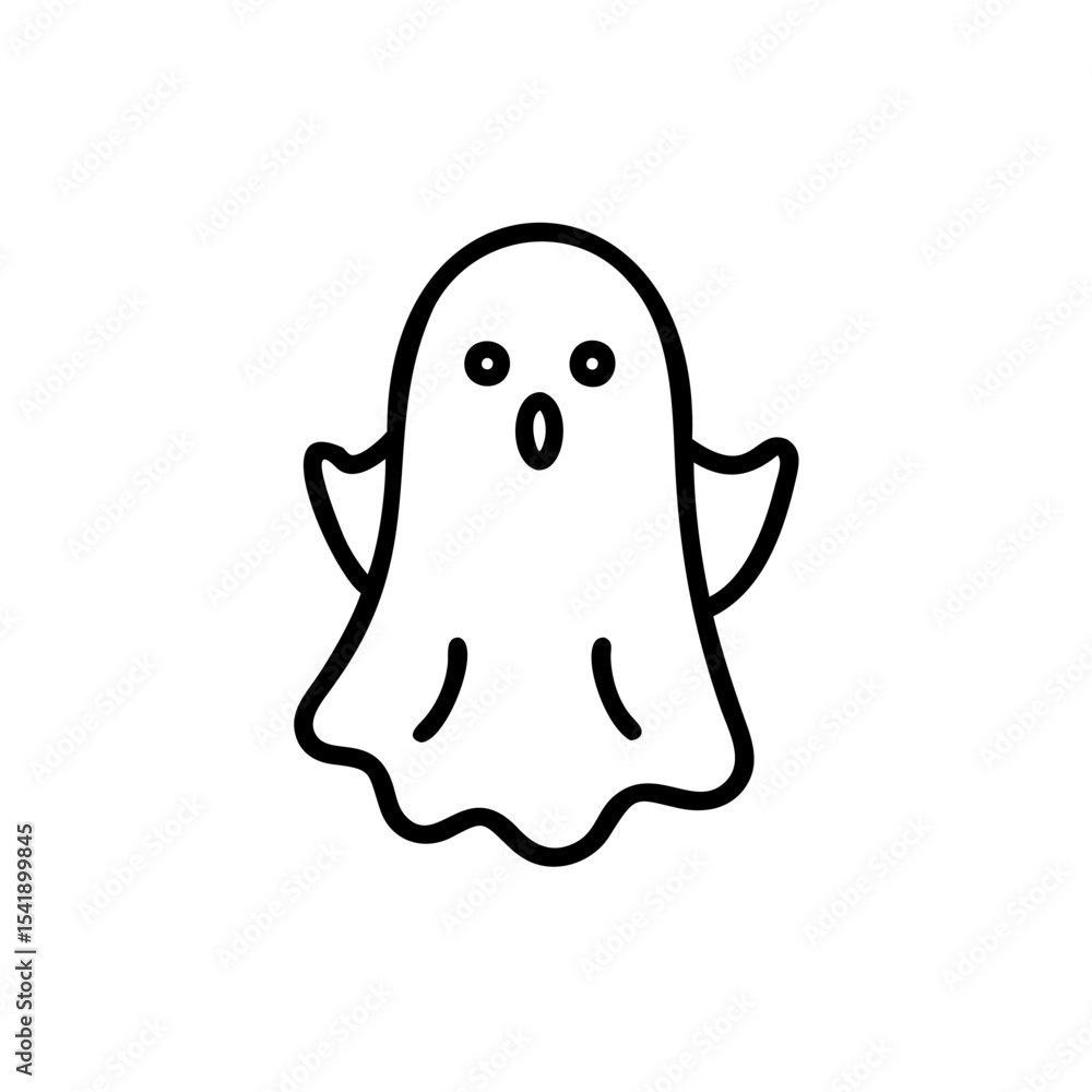 Poster a simple line drawing of a surprised white ghost character with outstretched arms floating against a