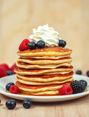 Stacked pancakes topped with whipped cream and fresh berries create a delicious breakfast delight in an inviting, warm setting