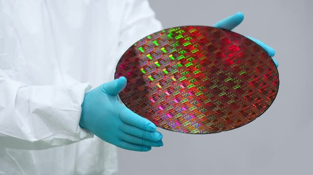 Worker in protective suit holding silicon wafer in semiconductor factory