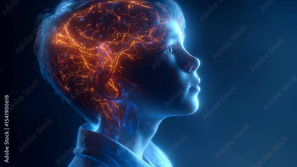 Poster illuminated brain profile depicting neurological sensory mapping, representing cognitive processing 