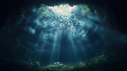 Borneo bat colony hanging in a dark cave with light rays illuminating the entrance at dusk