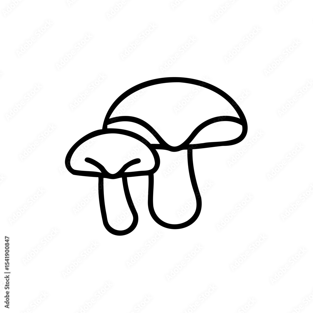 Poster two simple line drawing mushrooms one larger one smaller black outline on white background handmade 