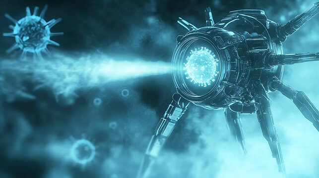 Nanobot projecting antiviral mist into viral nucleus 