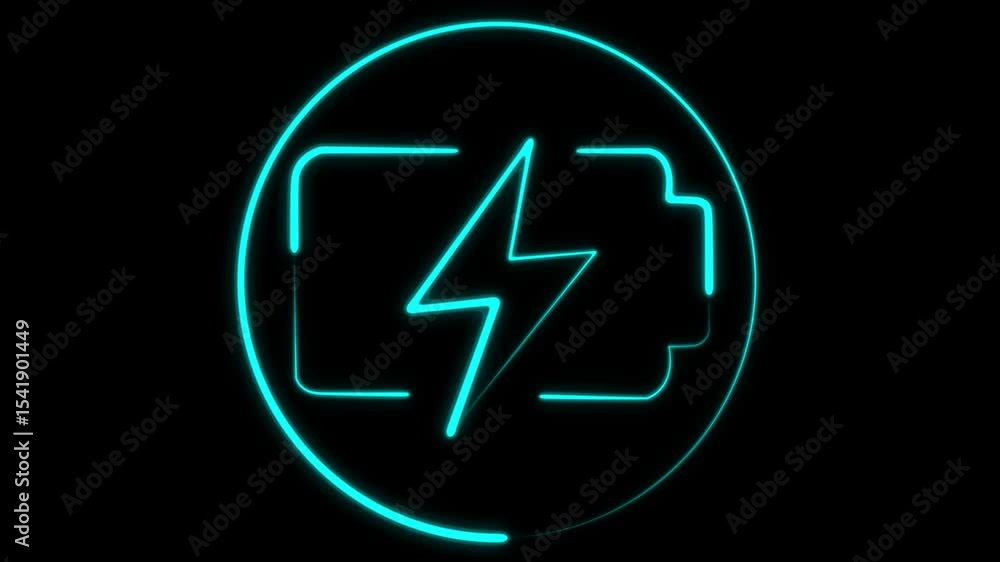 Poster neon energy battery charging indicator in motion loop animation in cyan color,neon battery charging 