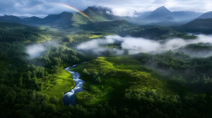 Double rainbow arches gracefully over a misty valley in the mountains at dawn