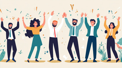 A team of business professionals celebrating with clapping hands or raised arms in a joyful atmosphere.