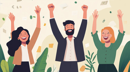 A team of business professionals celebrating with clapping hands or raised arms in a joyful atmosphere.