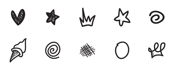 Handwritten set of different emoticons. Heart, crown, arrows, arrows, underlines, lightning, flower, love crowns and other elements in a hand drawn style for concept designs. Scribble illustration.