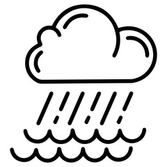 Outline style image depicts a cloud with falling rain over a body of water or waves, symbolizing a flood, heavy rainfall, or an overflowing water event. Related to natural disasters, climate change