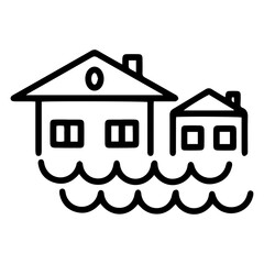 Outline style image depicts two houses partially submerged in water, indicated by a flood, natural disaster impacting residential areas, property damage due to water. Related to climate change impacts