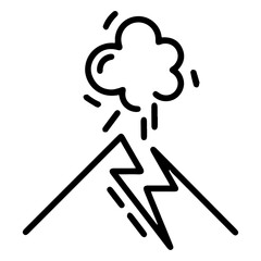 Outline style image depicts a volcano actively erupting, with a cloud of smoke or ash rising from its peak and lightning strikes emanating from it, denoting a natural disaster, geological event