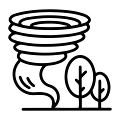 Outline style image depicts a powerful tornado next to a line of trees, denoting a natural disaster, a severe weather event, an impending threat to the environment. Related to extreme weather warnings