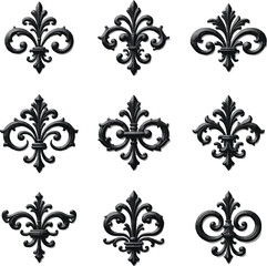 Collection of Nine Ornate Black Fleur de Lis Designs on White Background
