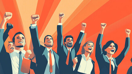 A team of business professionals celebrating with clapping hands or raised arms in a joyful atmosphere.