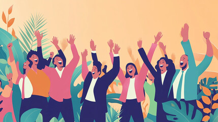 A team of business professionals celebrating with clapping hands or raised arms in a joyful atmosphere.