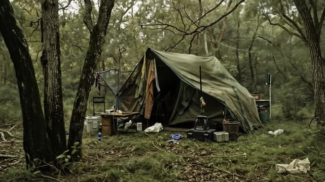 Rustic wilderness shelter constructed with weathered wooden beams and olive green tarpaulin in dense forest setting with scattered camping equipment and natural debris